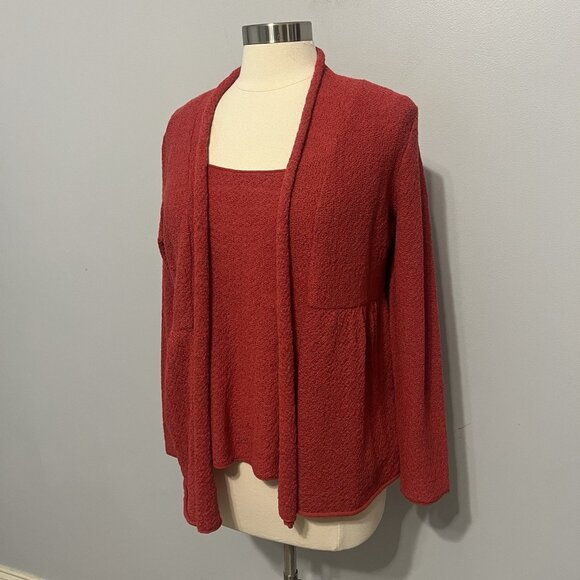 Eileen Fisher Sweater Cardigan & Tank Set Wool Red Size PL Textured Open Front - Picture 4 of 12